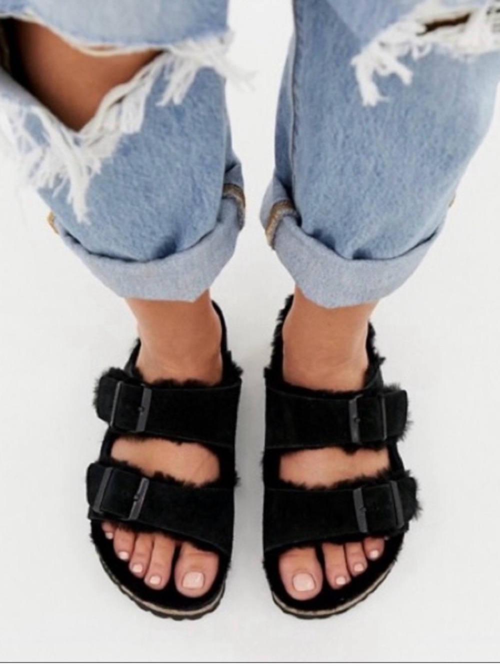 Birkenstock Black Fuzzy Two-Buckle Sandals